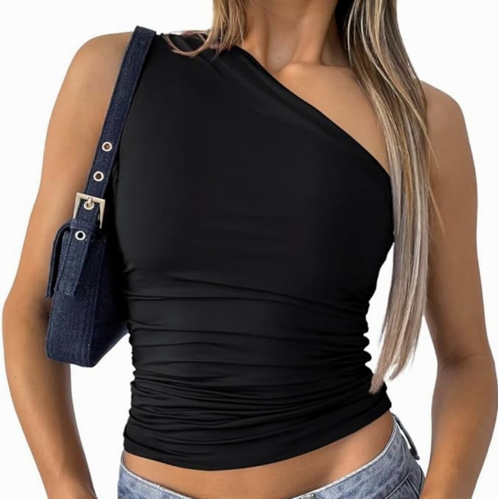 Ruched one shoulder crop tank top